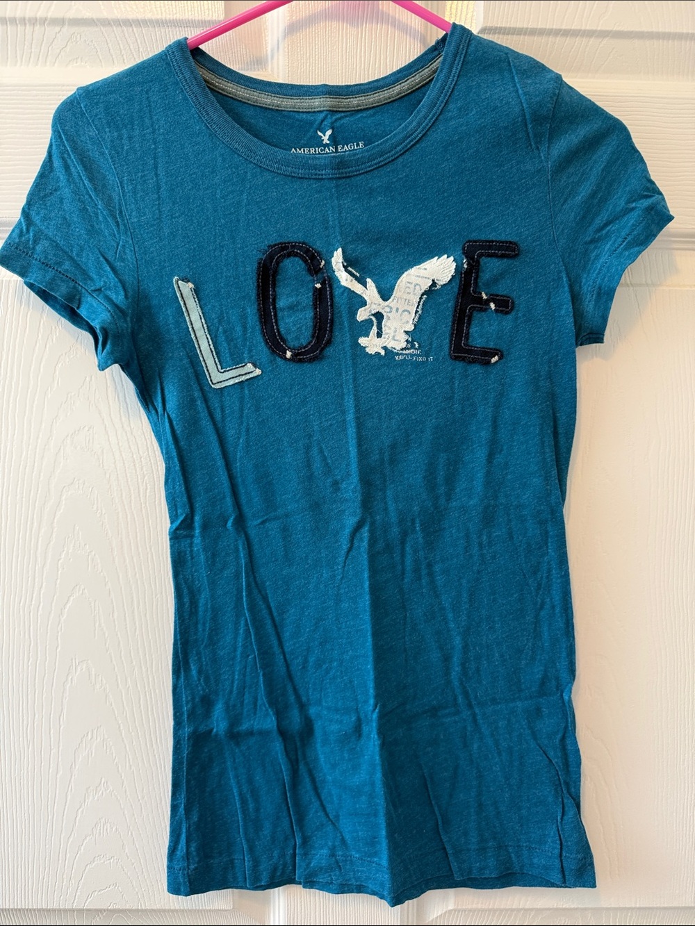 American Eagle Outfitters Teal 'LOVE' Appliqué Short Sleeve Tee